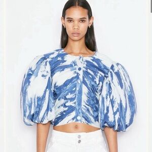 Frame Denim Blue and White Tie-Dye Puff Sleeve Blouse